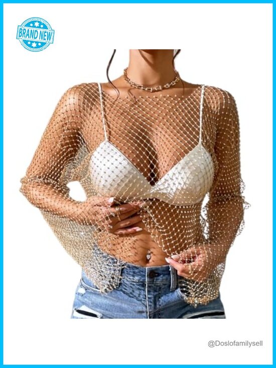 Mesh Rhinestone Crop Top Long Sleeve Fishnet Bikin — photo 1 of 1